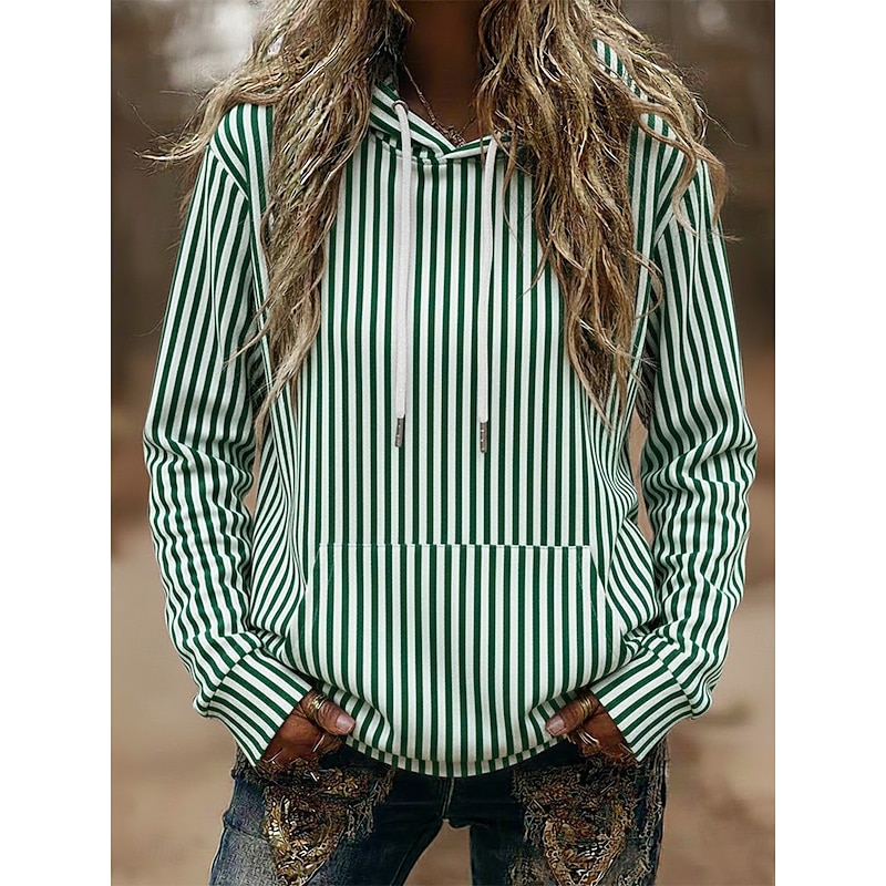 Women's Pullover Hoodies Striped Fashion Streetwear Casual Long Sleeve Hooded Regular Tops Dailywear Casual Sports Drawstring Pocket Print Black Blue Green Spring Fall