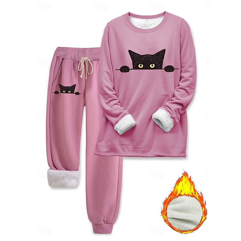 Women's Elegant Warm Fashion Two Piece Sets Tracksuit Pants Sets Long Sleeve Bishop Sleeve Crew Neck Graphic Animal Print Outdoor Vacation Daily Pink Dark Pink Red Spring Regular Fit