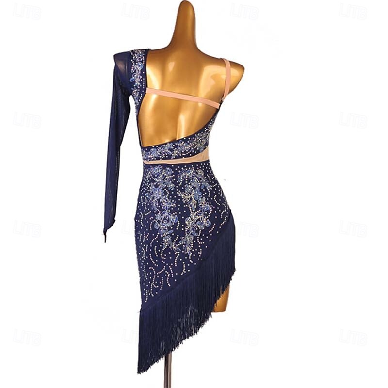 Women's One-Shoulder Latin Dance Dress Rumba Chacha Samba Cowboy Bullfight Dance Wear Performance Competition Dress2