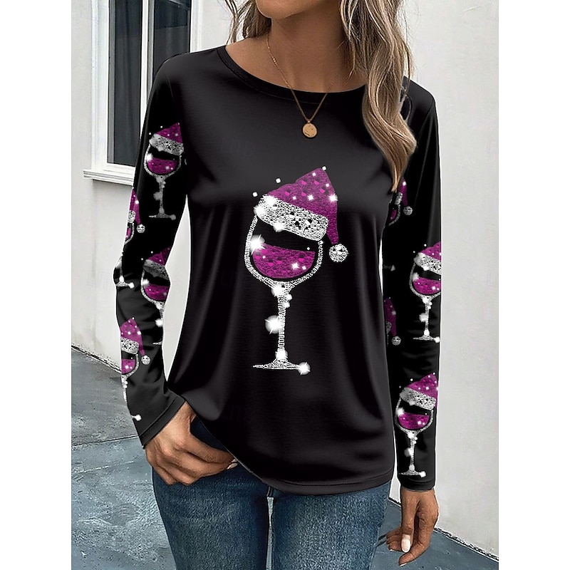 Christmas Women's T Shirt Graphic Wine Glass Vintage Fashion Stylish Long Sleeve Crew Neck Round Neck Regular Tops Daily Weekend Print Red Blue Purple Green Summer Spring Fall Winter3