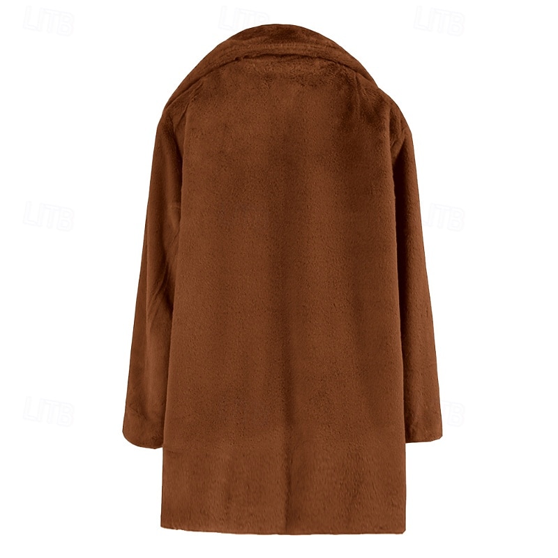Women's Coat Faux Fur Coat Warm Comfortable Pocket Casual Plain Vacation Street Casual Daily Wear Long Turndown Regular Fit Long Sleeve Outerwear Blue Brown Khaki Fall Winter4