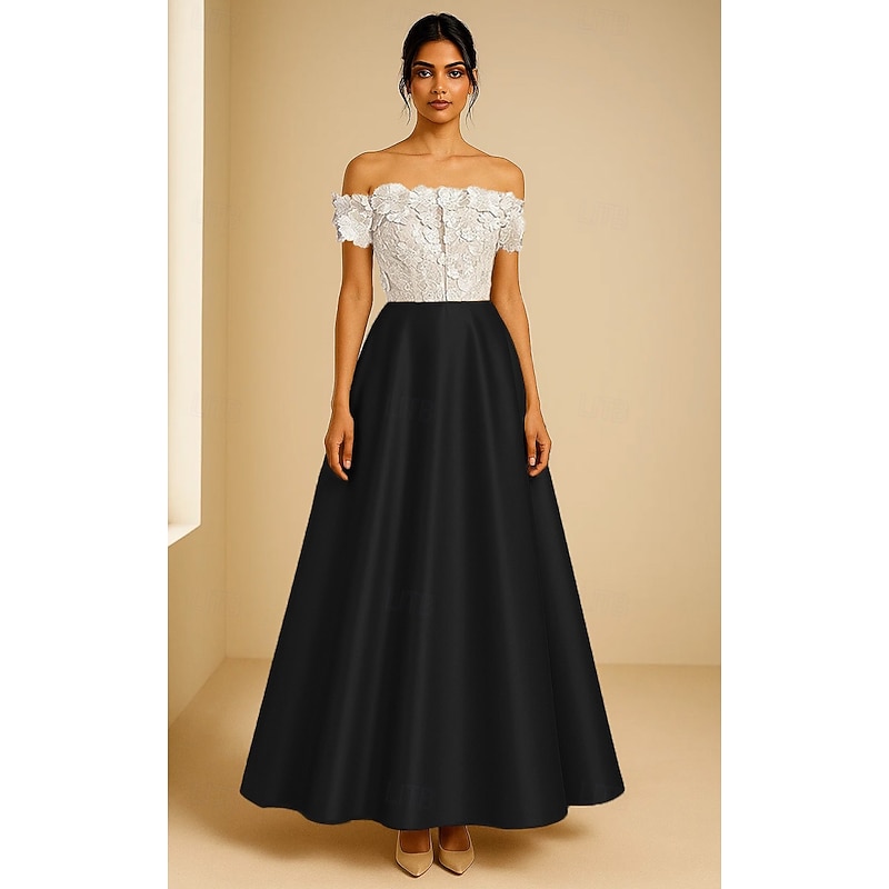 Embroidered Floral Applique A-Line Evening Gown Elegant Formal Dress Formal Wedding Tea Length Off Shoulder Satin 2025