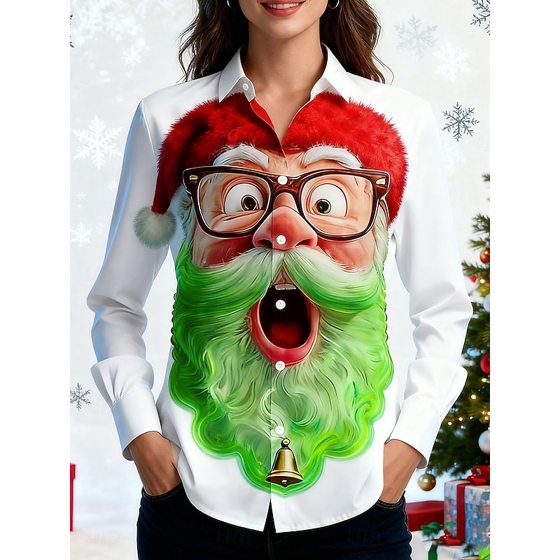 Christmas Women's Shirt Graphic Santa Claus Elegant Vintage Stylish Long Sleeve Shirt Collar Regular Tops Work Daily Holiday White Yellow Purple Orange Fall Winter