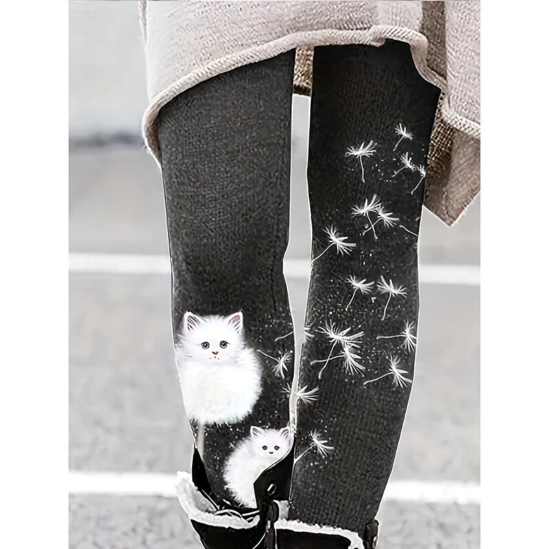 Women's Slacks Leggings Cozy Leggings Vacation Vintage Streetwear Full Length Natural Graphic Cat Dandelion Elastic Waist Print Comfy Outdoor Comfortable Stretchy Outdoor Vacation Streetwear Black2