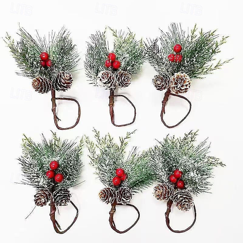 6pcs Christmas Table Decorations Napkin Rings, Cedar Pine Cones with Red Berries, Holiday Party Tableware Accessories for Xmas Dinner