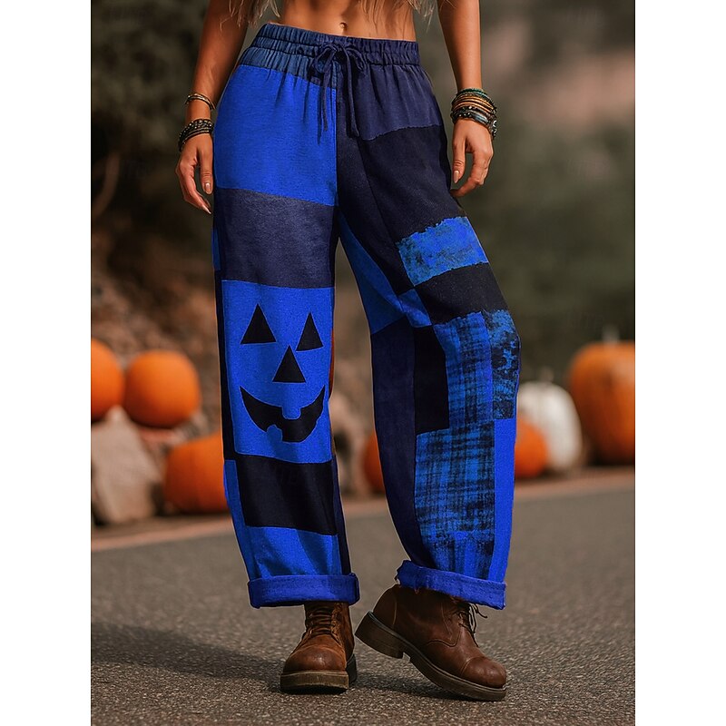 Women's Culottes Wide Leg Vacation Vintage Ethnic Style Full Length High WaistPantsHalloween Graphic Skull Monster Drawstring Patchwork Printing Quick Dry Breathability Soft Inelastic Formal Outdoor3