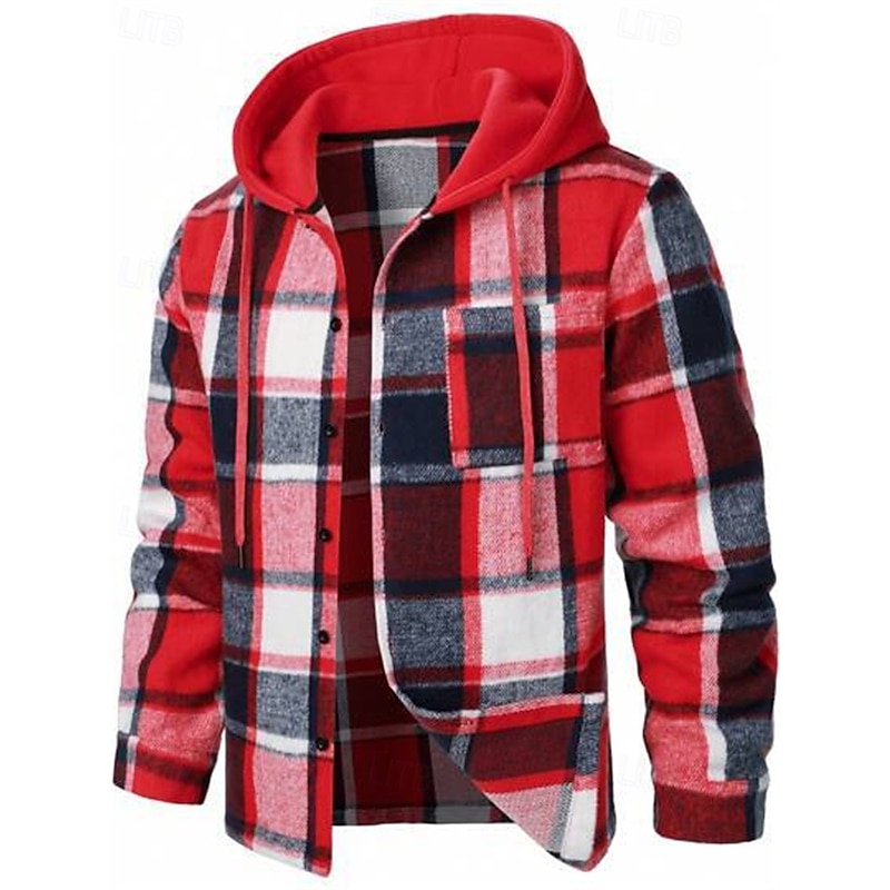 Men's Shirt Jacket Casual Jacket Hoodied Jacket Shacket Vacation Daily Breathable Pocket Spring Fall Plaid Fashion Classic Hooded Regular Black Red Orange Green Khaki Jacket