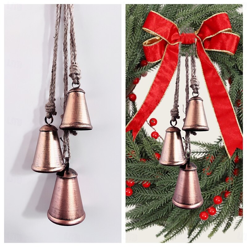Vintage Cast Iron Christmas Bells Handcrafted Hanging Wind Chimes  Large Hanging Door & Window Decorations with Golden Finish, Rustic Holiday Ornaments for Christmas, Festive Home & Office Decor4