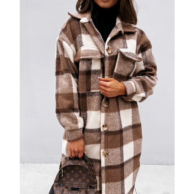 Women's Jacket Casual Jacket Warm Comfortable Pocket Buttons Casual Plaid Vacation Daily Wear Going out Weekend Long Turndown Regular Fit Long Sleeve Outerwear Black White Coffee Spring Fall