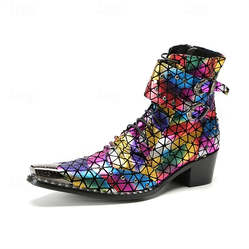 Men's Rainbow-Patterned Boots with Reflective Texture – Stylish and Colorful Shoes for Festivals, Parties and Fashion Enthusiasts2