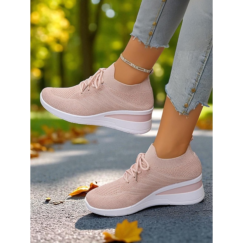 Women's Pink Flyknit Sneakers with Lace-Up Design and Thick Sole – Lightweight Walking and Casual Sports Shoes3
