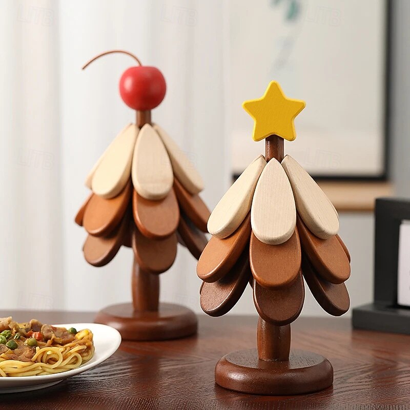 Wooden Heat-Resistant Wooden Christmas Tree Coaster Creative Tree-Shaped Table Mats for Kitchen and Dining Suitable for Bowls, Teapots, Beverage Trays, Home Dining Table Decoration2