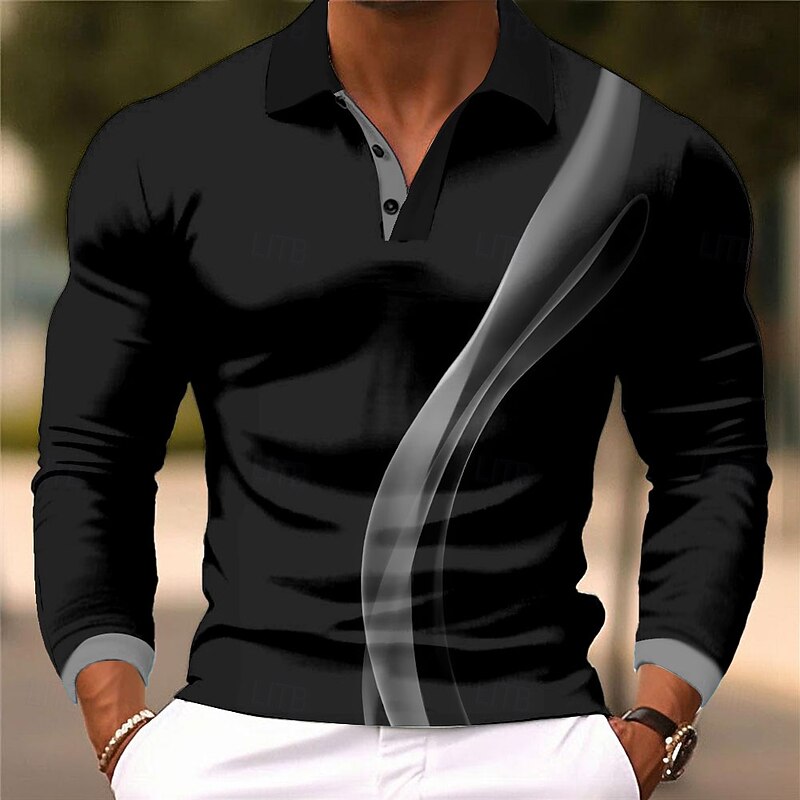 Men's Geometic Line Polo Long Sleeve Polo Shirts Collared Shirts Business Casual Business Athleisure Daily Wear 3D Print Buttons Spring Fall Winter Blue Purple Orange4