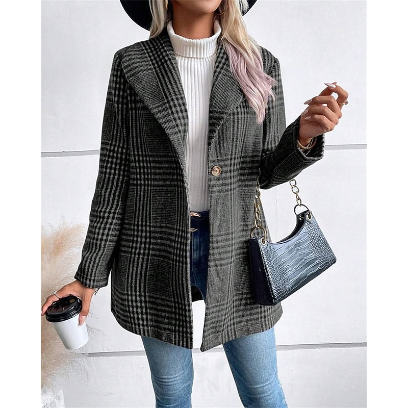 Women's Blazer Comfortable Buttons Elegant Fashion Outdoor Lattice Going out Casual Daily Weekend Single Breasted Regular Lapel Regular Fit Long Sleeve Outerwear Red Camel Gray Spring Fall4