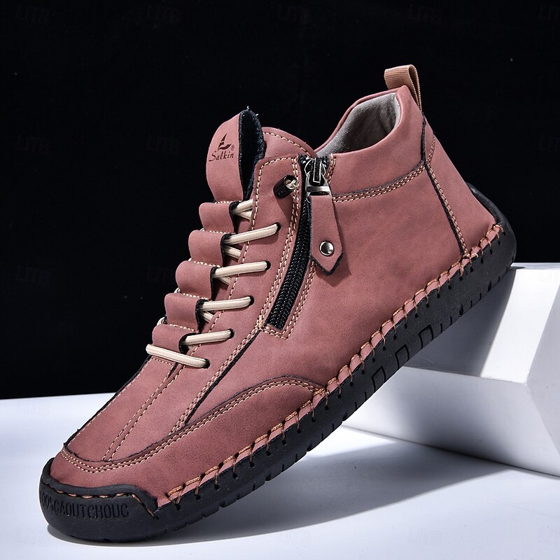 Men's Blue Casual Lace-Up Ankle Boots with Side Zipper, Handmade Style, Comfortable Non-Slip Sole, Outdoor and Daily Wear4