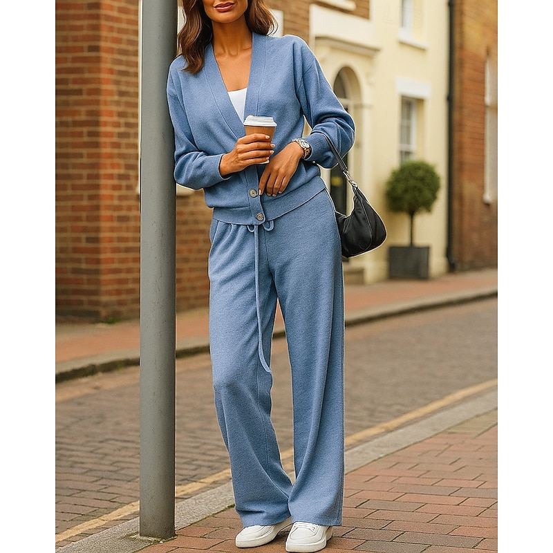 Women's Lounge Sweatsuit Sets Knitted Cardigan Set 2 Piece Tracksuit Button Solid Colored Clothing Suit Fall Black Blue Hiking Vocation Outdoor Long Sleeve Sport Activewear Micro-elastic Regular Fit