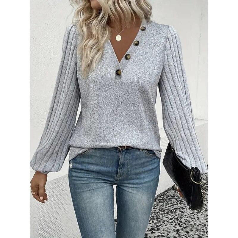 Women's Blouse Solid Color Stylish Casual Long Sleeve V Neck Regular Tops Daily Buttons Gray Spring Fall Winter4