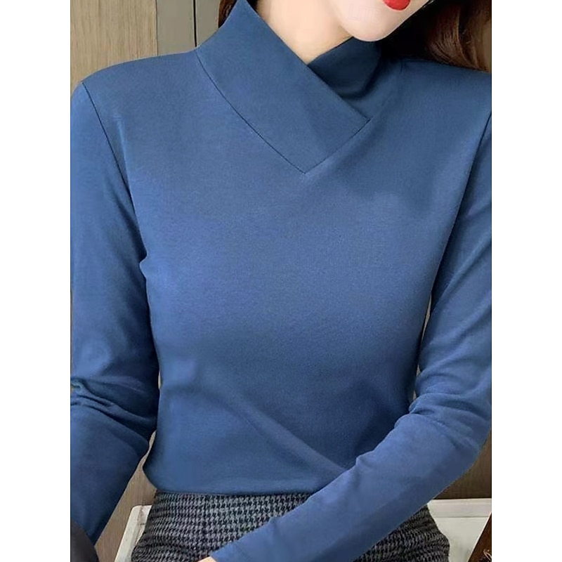 Women's Blouse Solid Color Elegant Stylish Basic Long Sleeve Turtleneck Regular Tops Daily Black White Blue Brown Spring Fall Winter