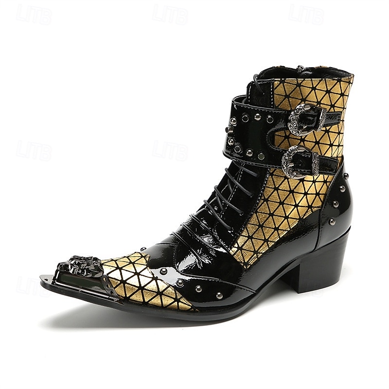 Men's Black and Gold Geometric Western Boots with Studded Detailing – Bold Fashion Footwear for Parties, Nightlife and Fashion Events3