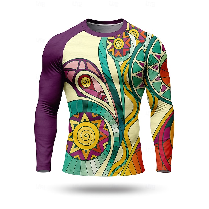 Men's Compression Shirt Running Shirt 3D Print Long Sleeve Base Layer Geometric Quick Dry Compression Power Flex Moisture Wicking Gym Workout Active Training Cycling Sportswear Activewear Purple