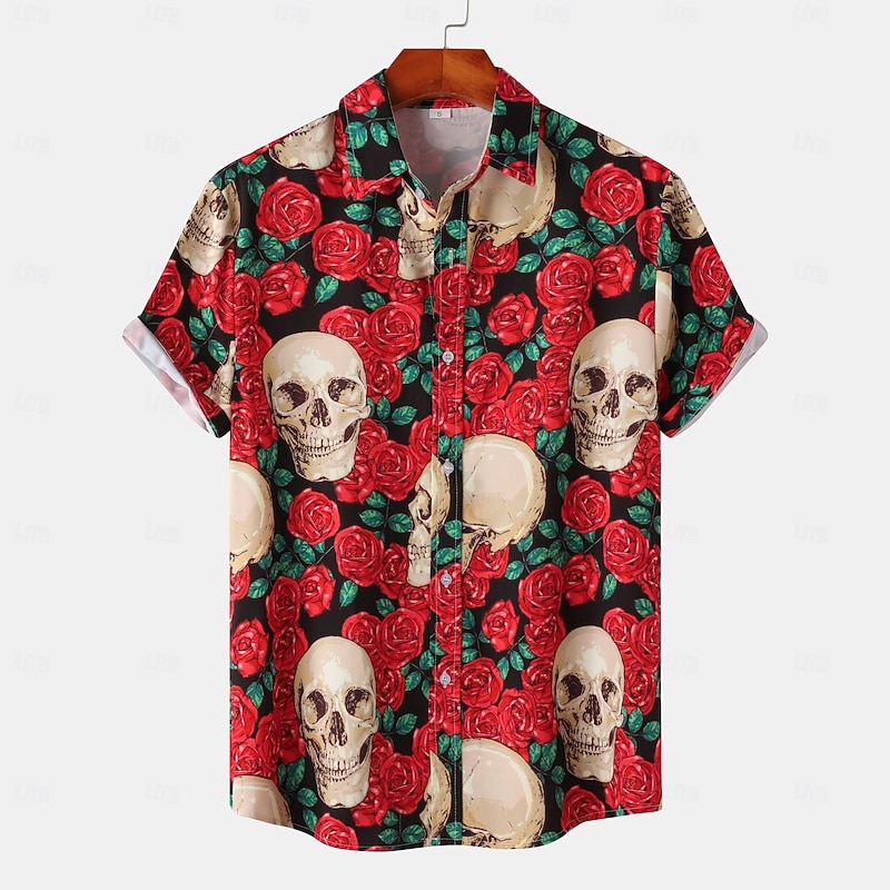 Halloween Men's Skulls Flowers Shirt Summer Shirt Casual Shirt Short Sleeves Vintage Horror Vacation Daily Wear Theme Party Spring & Summer Lapel Print White+Black Black White Red Blue