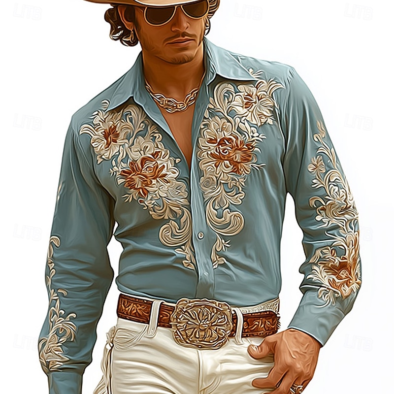 Men's Floral Print Flowers Shirt Western Shirt Cowboy Shirt Long Sleeve Vintage Retro Outdoor Vacation Spring Fall Turndown 3D Print Linen Like Shirt Blue 1# Blue