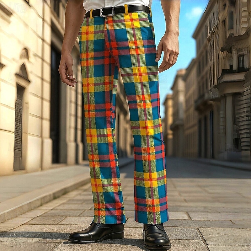 Men's Geometric Grid / Plaid Dress Pants Trousers Casual Pants Mid Waist Casual Formal Vacation Daily Summer Spring Fall 3D Print Blue Dark Green Green