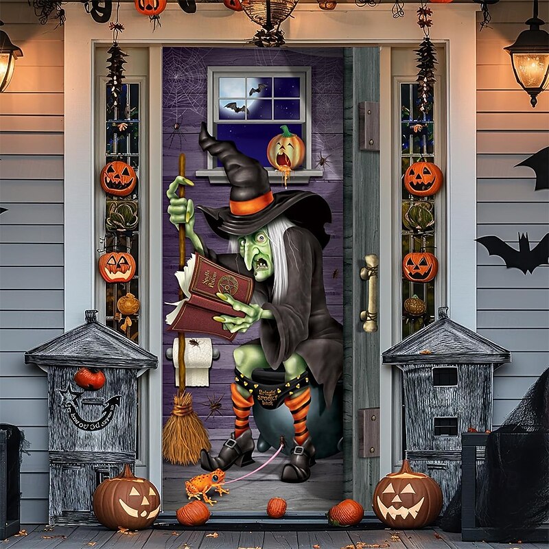 Halloween Door Cover Outdoor Banners Skeleton Witch 3D Dark Punk Gothic Style Party Outdoor Shooting Backgrounds Front Door Wall Porch Home Decor2