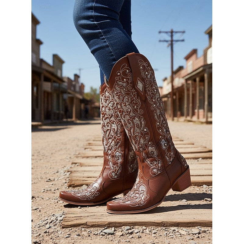 Women's Mid Calf Boots Vintage-Style White Western Cowboy Boots with Embroidery and Rhinestone Accents for Festivals and Everyday Wear