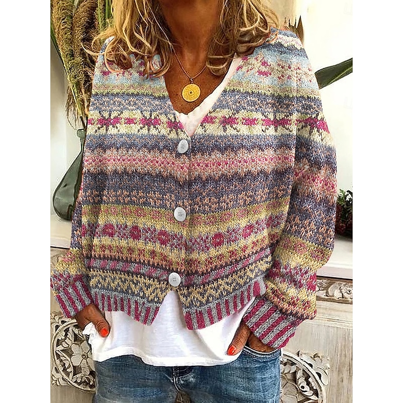 Women's Sweater Cardigan Casual Soft Geometric Color Block Ribbed V Neck Knitted Long Sleeve Regular Tops Knit Christmas Outdoor Daily Pink Dark Green Fall Winter