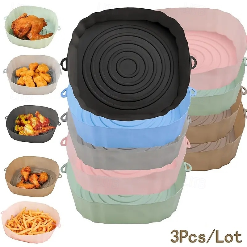 3-Pack Silicone Air Fryer Liners – 7.09-Inch Non-Stick, Reusable Basket and Bowl Mats, Oven Accessories, Baking Tray, Kitchen Gadget for Home Cooking