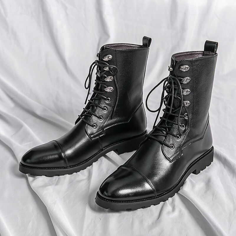 Men's Black Faux Leather Lace-Up Combat Boots with Classic Design, Perfect for Rugged Outdoors, Casual Outings and Everyday Wear2