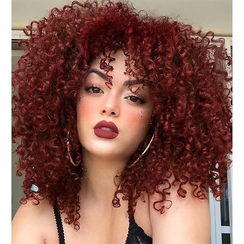 Afro Wig Red Curly Short Wigs for Black Women 70s 80s Big Bouncy Fluffy Kinky Curly Synthetic Fiber Hair Wig for Cosplay Halloween Use