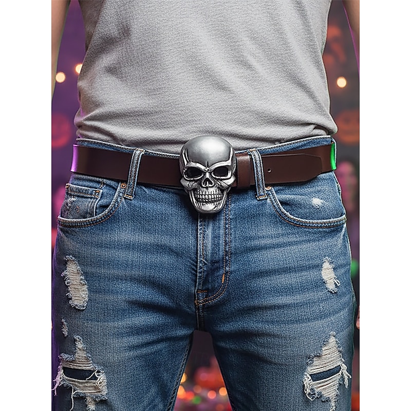 Men's Halloween Skull Buckle Belt – Genuine Leather Gothic Punk Waist Belt for Costume Party, Cosplay and Night Out