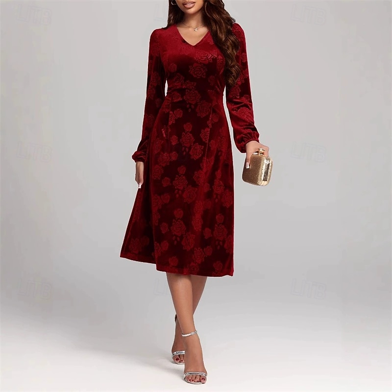 Women's Midi Dress Velvet Dress Cocktail Dress Elegant Fashion Modern Outdoor Party Party Evening Wear Regular Fit Floral Plain Long Sleeve V Neck Red Purple Green Spring Autumn