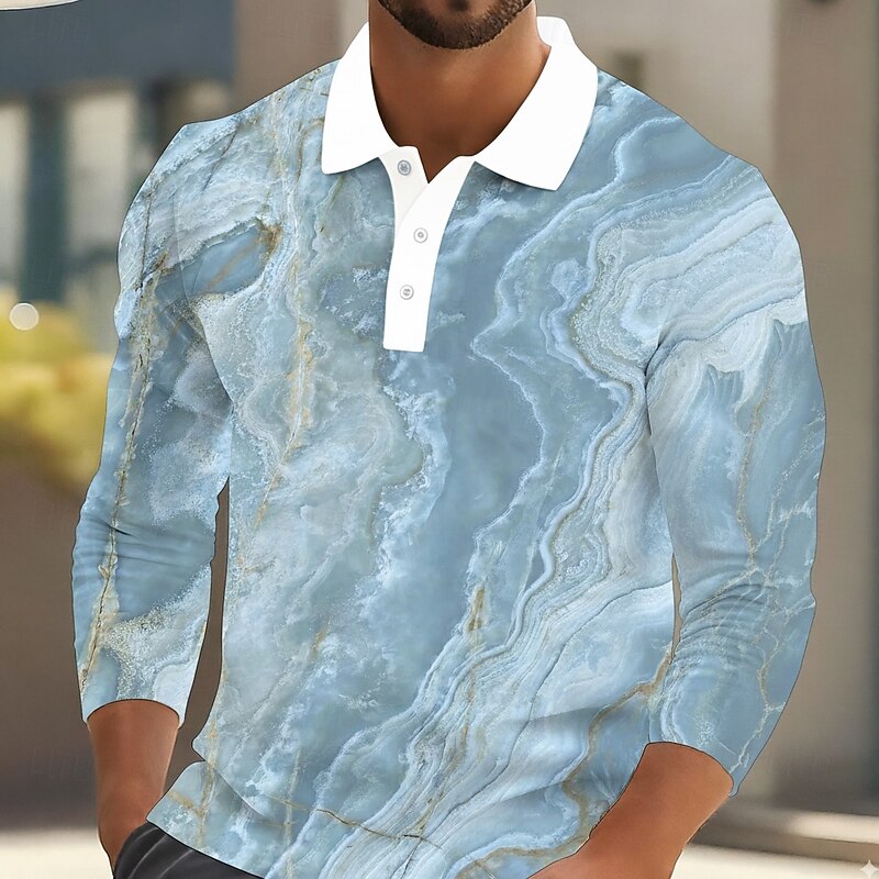 Men's Abstract Marble Polo Long Sleeve Polo Shirts Lapel Casual Outdoor Street Athleisure Daily Wear 3D Print Buttons Spring Fall Winter Blue Sky Blue Green