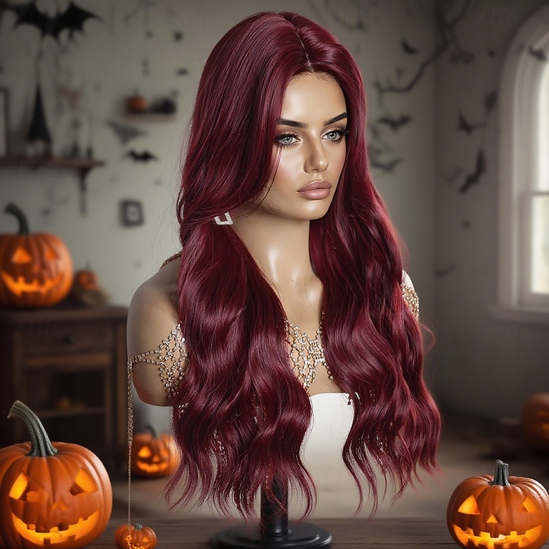 Synthetic Lace Wig Curly Style 24 inch Burgundy Middle Part U Part Wig Women's Wig Wine Red3