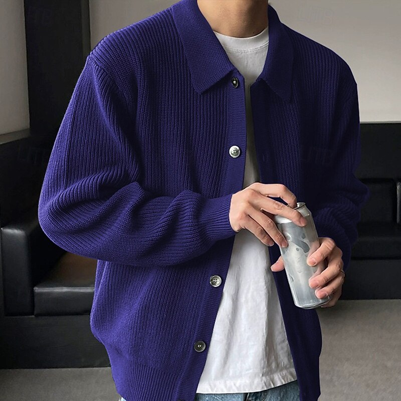 Men's Sweater Cardigan Sweater Ribbed Knit Regular Tops Knitted Plain Turndown Vacation Fashion Casual Daily Wear Clothing Apparel Spring &  Fall Black Blue S M L3