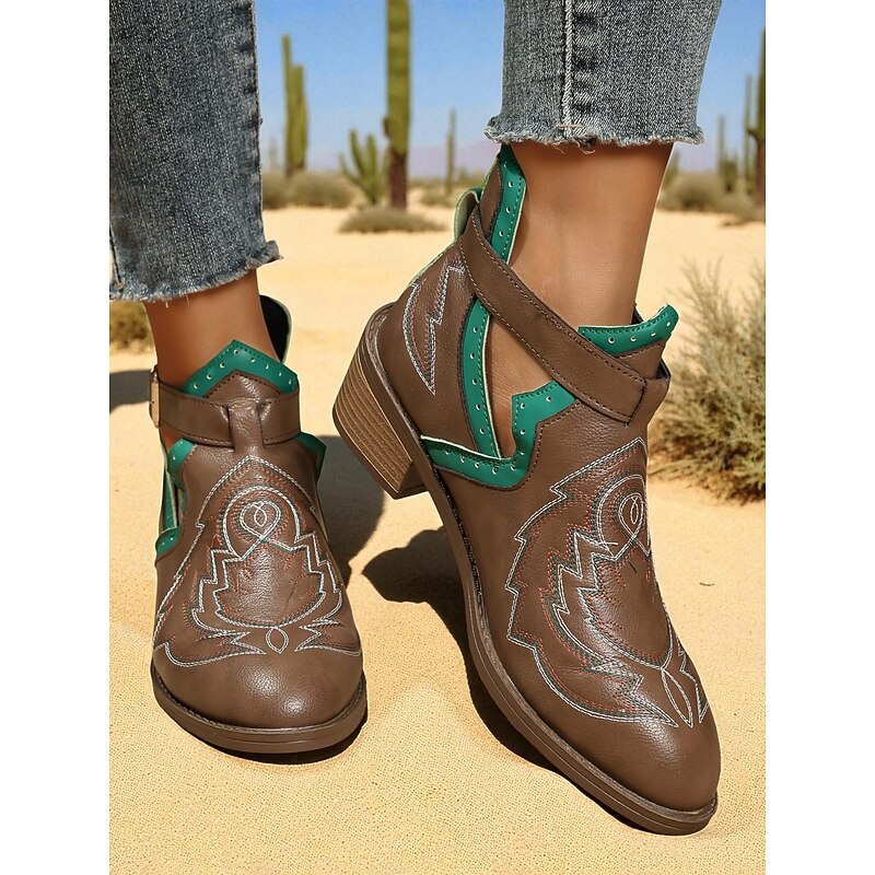 Women's Brown Western Ankle Boots – Faux Leather Retro Cowboy Style Shoes for Fall Outfits and Festivals