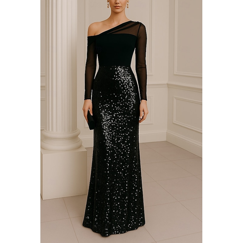 Black Gown A-Line Evening Gown Elegant Formal Dress Formal Wedding Floor Length Long Sleeve Off Shoulder Pocket Sequined with Glitter Pleats 2025