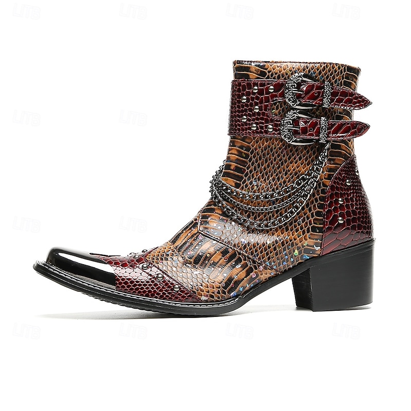 Men's Genuine Leather Snake Print Ankle Boots with Buckle Strap – Vintage Western Style Cowboy Boots for Stage, Parties and Fashion Shows3
