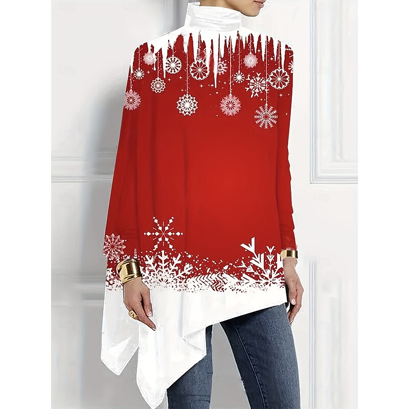 Christmas Women's T Shirt Graphic Snowflake Fashion Casual Long Sleeve Turtleneck Regular Tops Daily Print Asymmetrical Red Winter