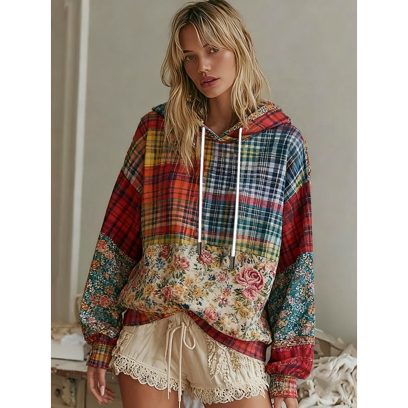 Women's Pullover Hoodies Floral Plaid Vintage Streetwear Casual Long Sleeve Hooded Regular Tops Dailywear Casual Print Red Spring Fall Winter2