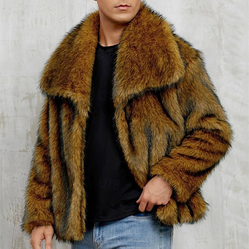 Men's Casual Jacket Faux Fur Coat Vacation Daily Thermal Warm Plush Fall Winter Plain Fashion Streetwear Lapel Regular White Yellow Camel Grey Jacket2
