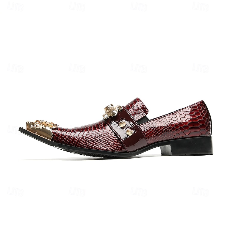 Men's Genuine Cowhide Leather Burgundy Crocodile Print Loafers with Decorative Metal and Gemstone – Luxury Business and Formal Party Shoes4
