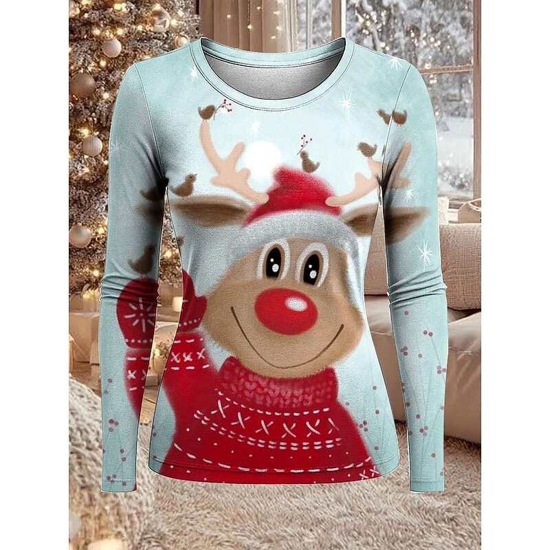 Christmas Women's T Shirt Graphic Reindeer Vintage Fashion Stylish Long Sleeve Crew Neck Regular Tops Daily Weekend Print Pink Red Blue Khaki Spring Fall Winter4