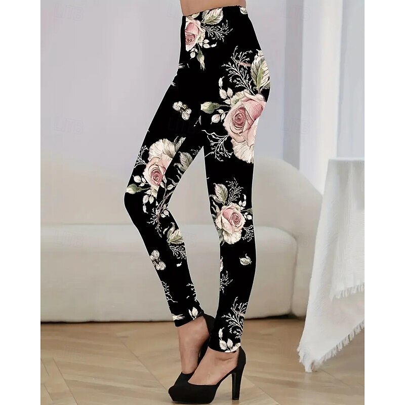 Women's Leggings Cozy Leggings Fashion Basic Casual Full Length High Waist Floral Printing Thermal Warm Comfortable Stretchy Vacation Casual Daily Black Spring Fall Slim Fit2