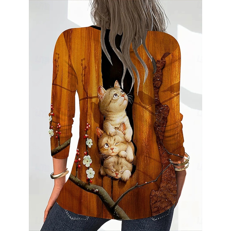 Women's T Shirt Graphic Animal Cat Vintage Stylish Classic Long Sleeve V Neck Regular Tops Daily Print Orange Spring Fall Winter2