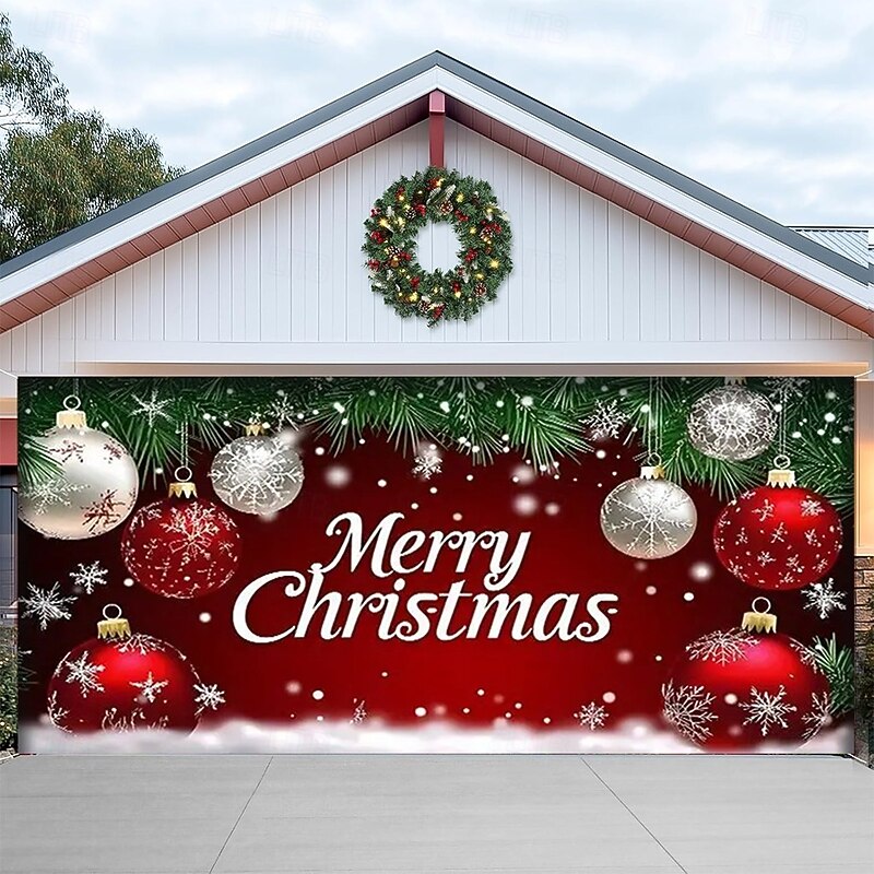 Christmas Garage Door Cover 2025 Xmas Red Bow and Green Pine Garland Backdrop Banner, Holiday Outdoor Garage Decoration for Winter Yard and Party2