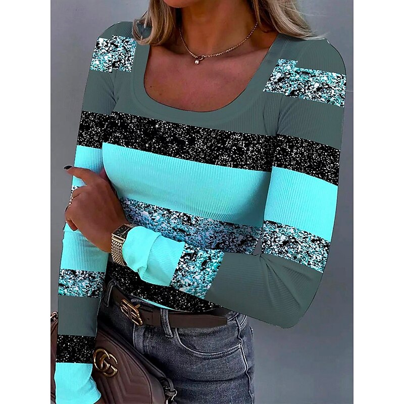 Women's Tunic Graphic Geometric Striped Vintage Fashion Stylish Long Sleeve Square Neck Regular Tops Daily Print Pink Blue Rose Pink Spring Fall Winter2